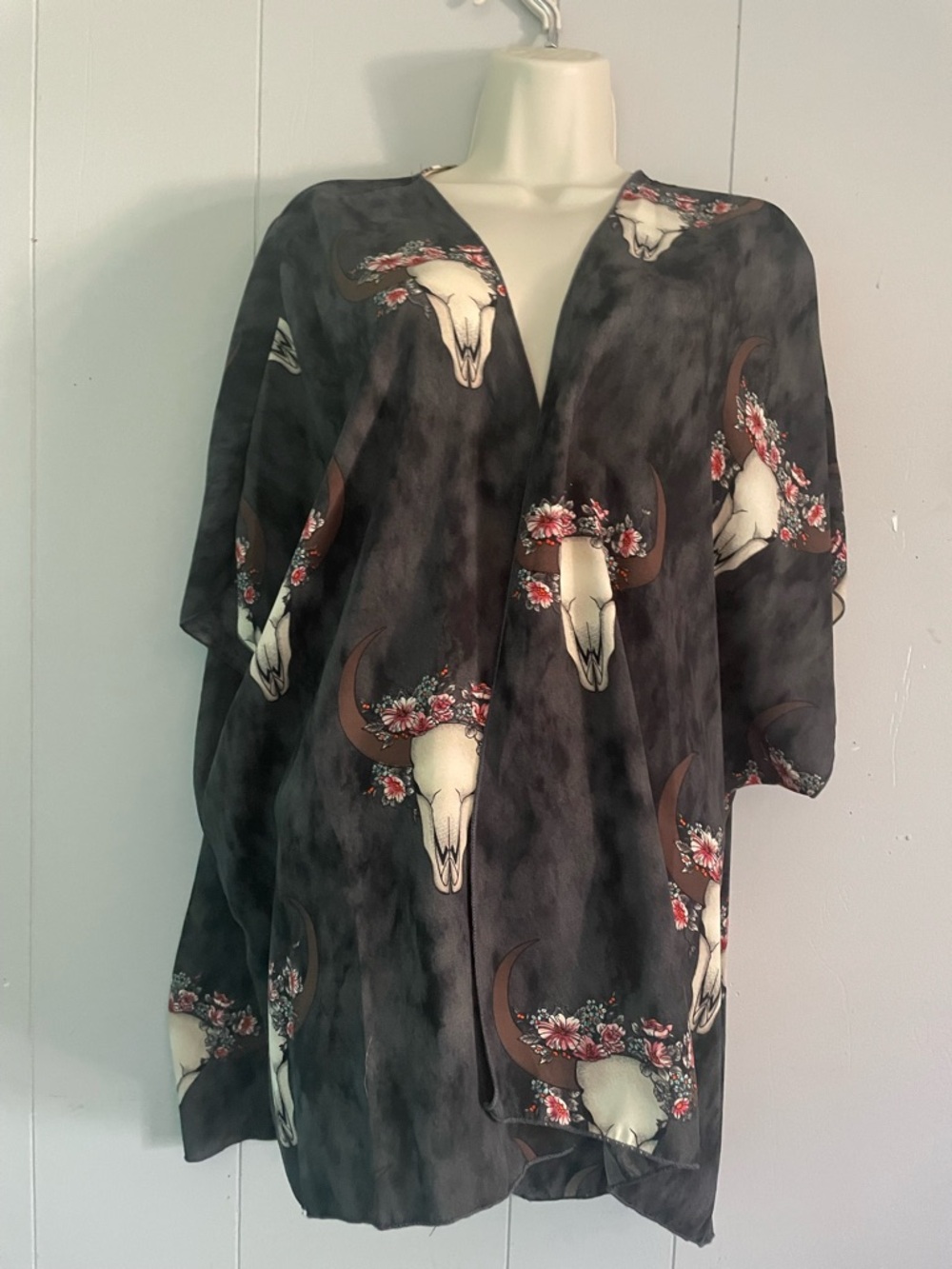 Floral Bull Skull Black Kimono Top